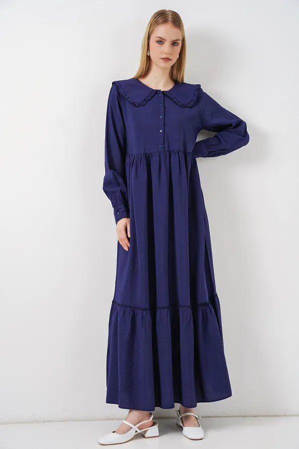 Kadın Bebe Yaka Uzun Tesettür Elbise 2592 - Lacivert