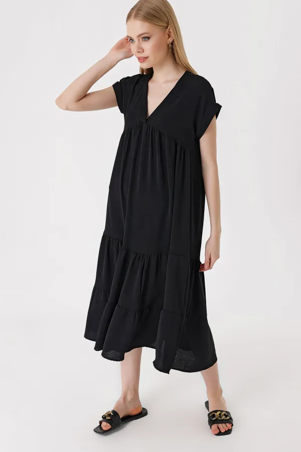 2398 V-Neck Ruffled Dress - Black