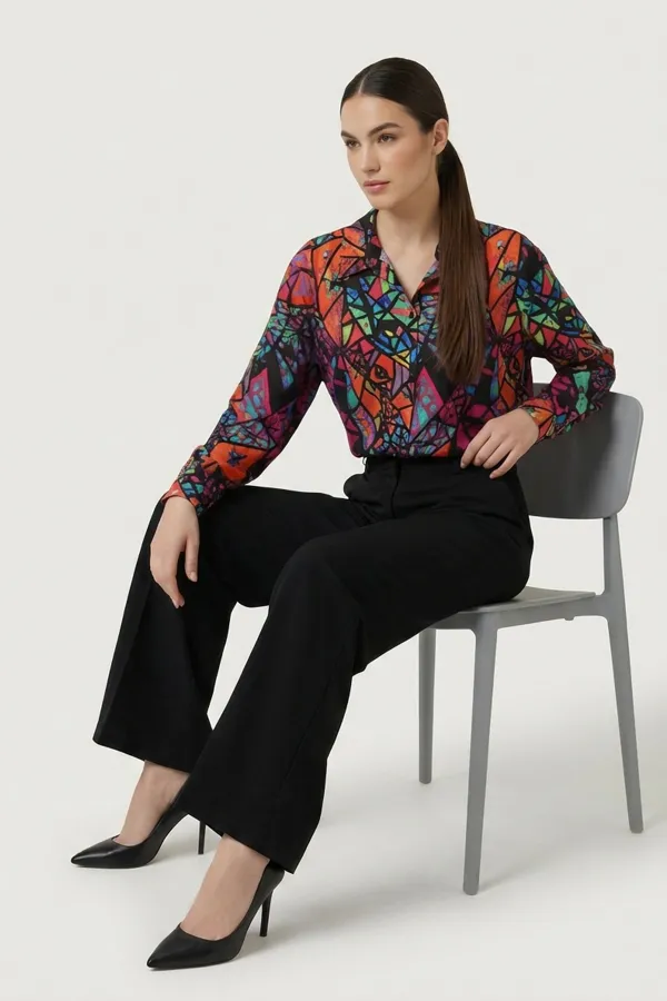 3721 Grafik Desenli Gömlek - Fuşya