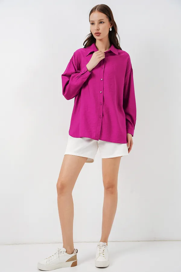 Kadın Uzun Oversize Gömlek 20334 - Koyu Pembe