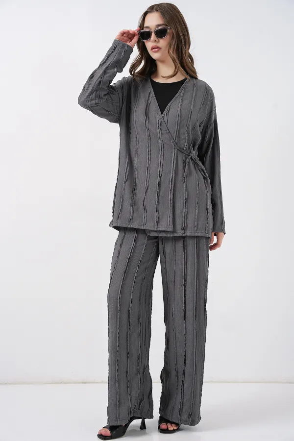Kadın Örme Kimono Pantolon İkili Takım 30067 - Gri