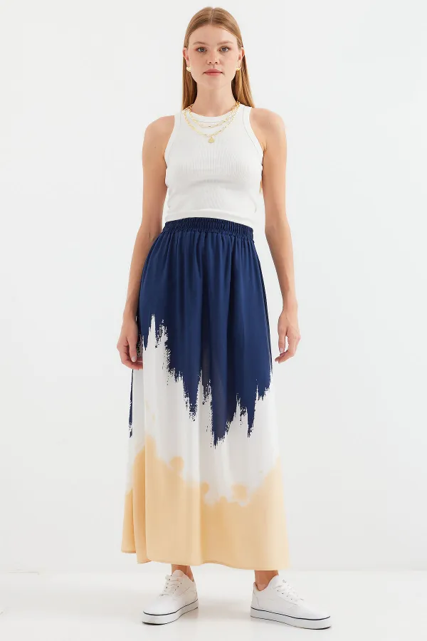 8025 Patterned Long Viscose Skirt - Navy Blue