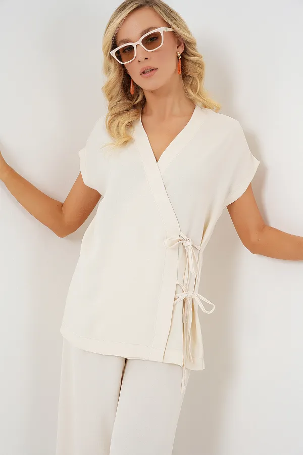 Ensemble deux pièces Ayrobin à manches courtes et lacets pour femme 6741 - Crème