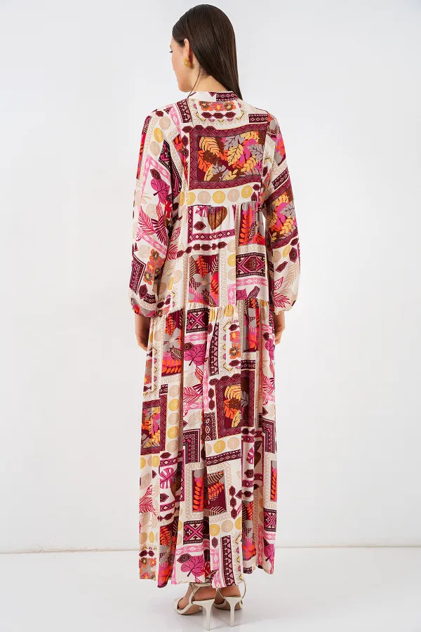 Kadın Desenli Uzun Tesettür Elbise 2585 - E. Turuncu