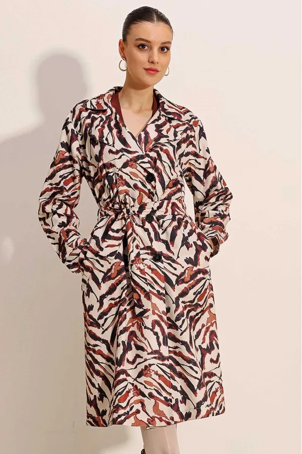 5853 Patterned Double-Breasted Trench Coat - C. Beige