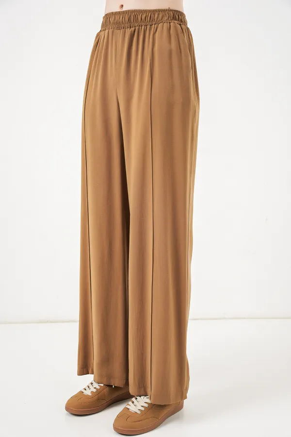 Women's Wide Leg Trousers with Elastic Waistband 30087 - Tan Women's Wide Leg Trousers with Elastic Waistband 30087 - Tan