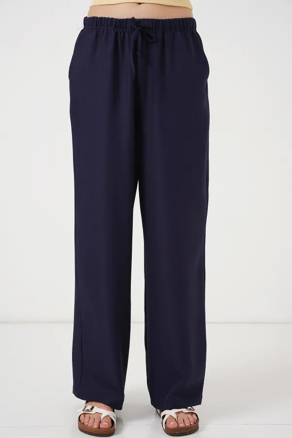 Kadın Geniş Paça Keten Pantolon 6735 - Lacivert