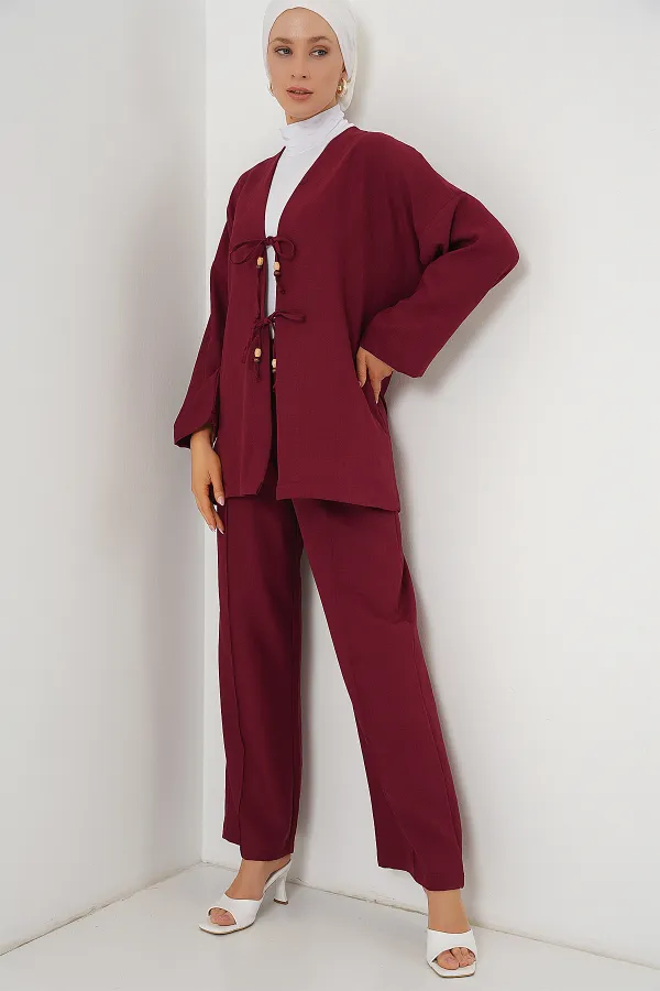 Kadın Keten Kimono İkili Takım 6727 - Bordo