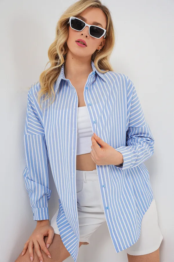 Chemise rayée oversize pour femme 20332 - Bleu foncé