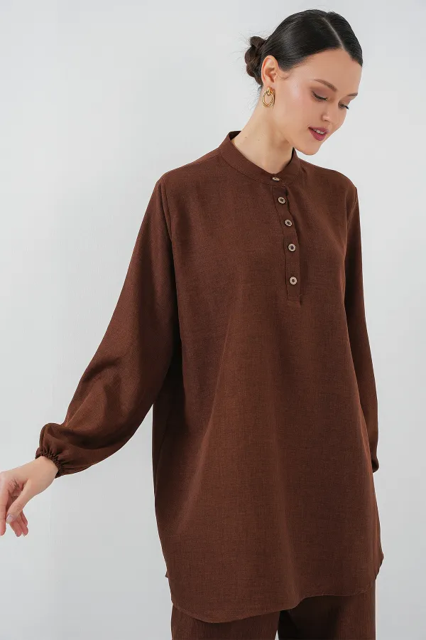 6678 Linen Tunic Trousers Two Piece Suit - Brown