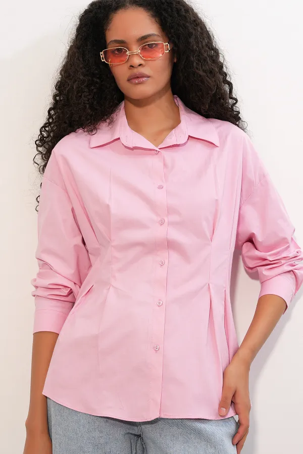 Kadın Belden Oturtmalı Poplin Gömlek 20384 - Pembe