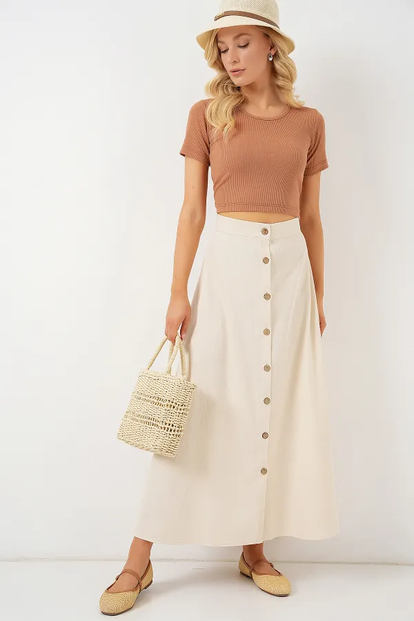 Jupe longue boutonnée en lin pour femme 8046 - Crème
