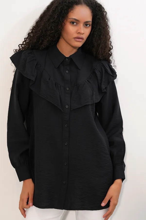 Women's Ruffle Detail Shirt Tunic 5994 - Black Women's Ruffle Detail Shirt Tunic 5994 - Black