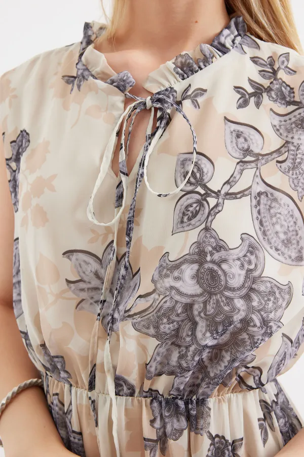 2503 Patterned Zero Sleeve Chiffon Dress - Anthracite