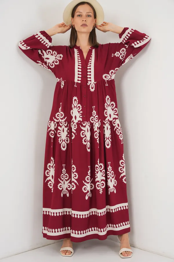 Kadın Desenli Uzun Tesettür Elbise 2585 - A.Bordo