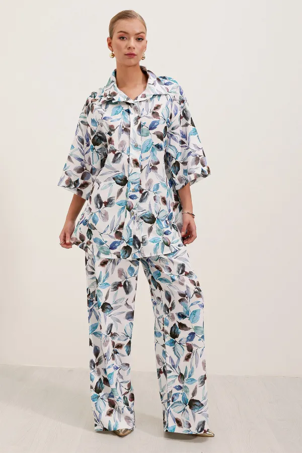 6607 Patterned Linen Two-Piece Set - Blue