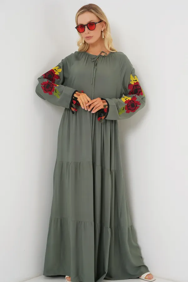 Nakışlı Uzun Elbise 2534 - Haki