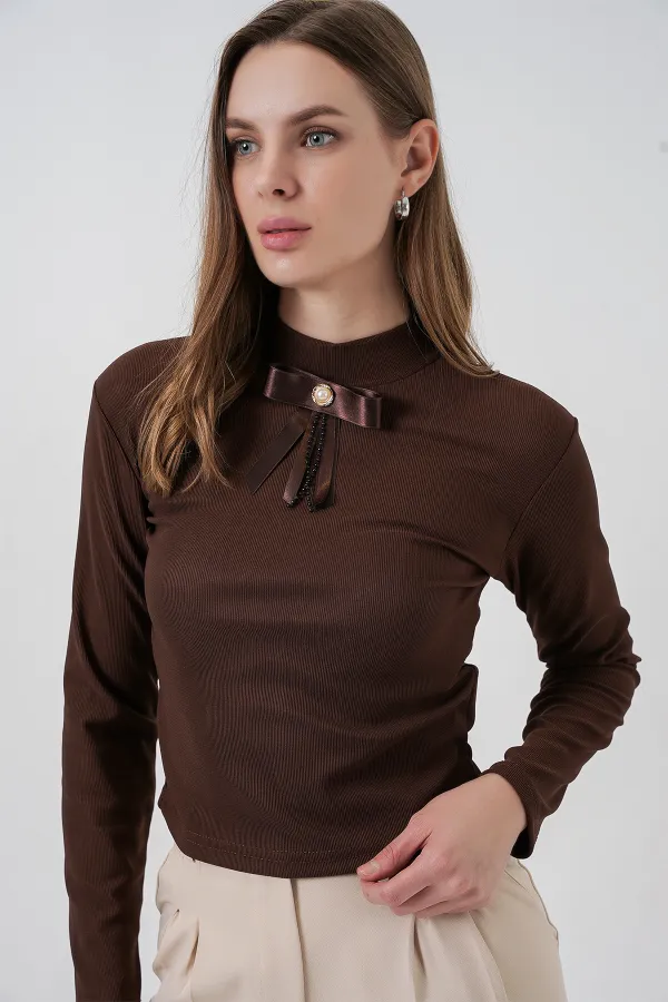 Women's Ribbon Detail Long Sleeve Blouse 977 - Brown