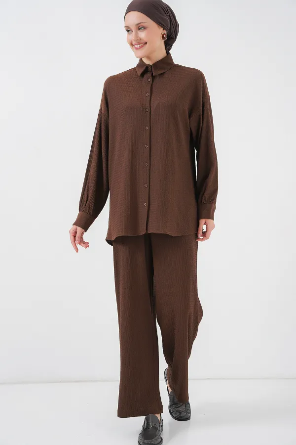 Women's Knitted Hijab Top and Bottom Set 6711 - Brown