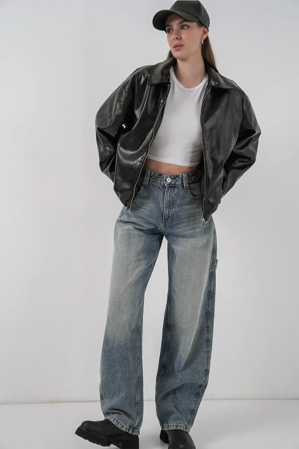 Veste oversize en similicuir pour femme 1049 - Noir