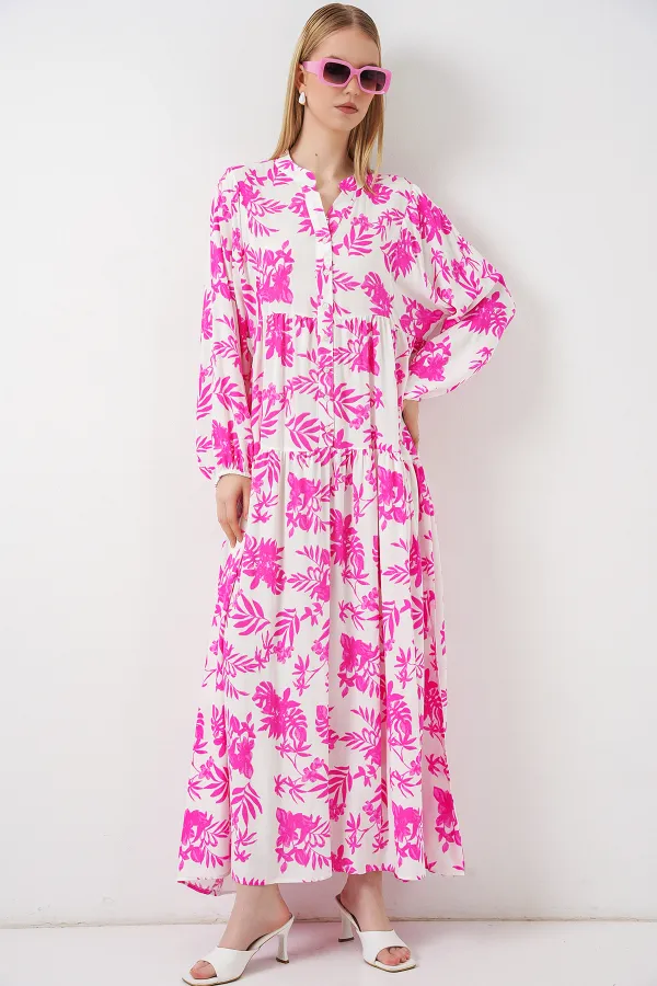 Women's Patterned Long Hijab Dress 2585 - Pink