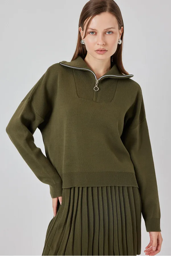 Women's Sweater Skirt Two Piece Set 15938 - Khaki