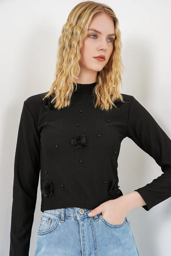 Women's Floral Knitted Blouse 978 - Black