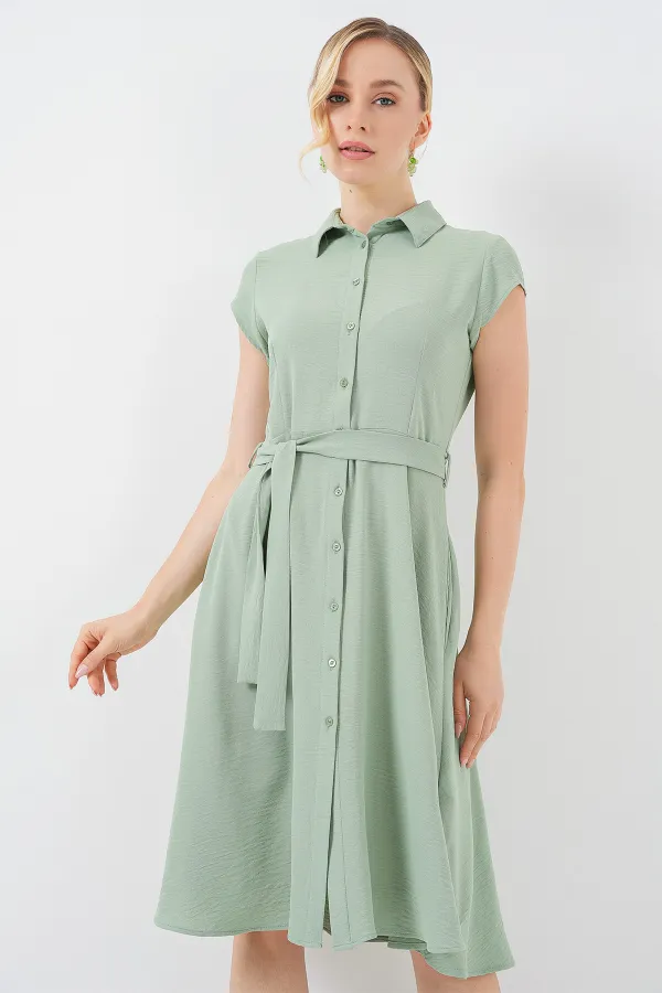 1677 Buttoned Belted Dress - E.Green