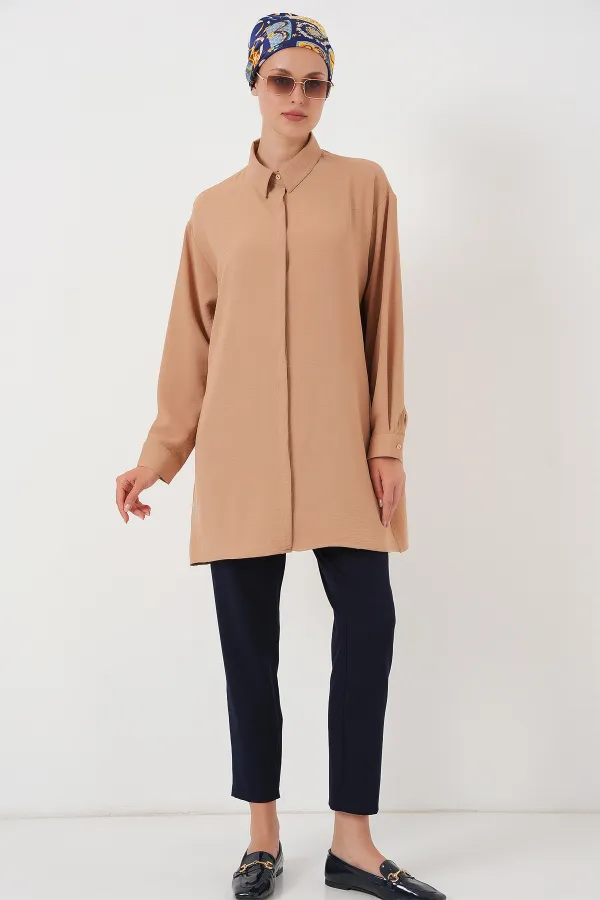 Kadın Uzun Gömlek Tunik 5945 - Bisküvi