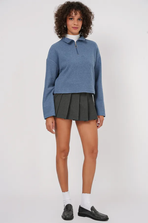 55449 Zippered Collar Knitted Sweatshirt - Indigo