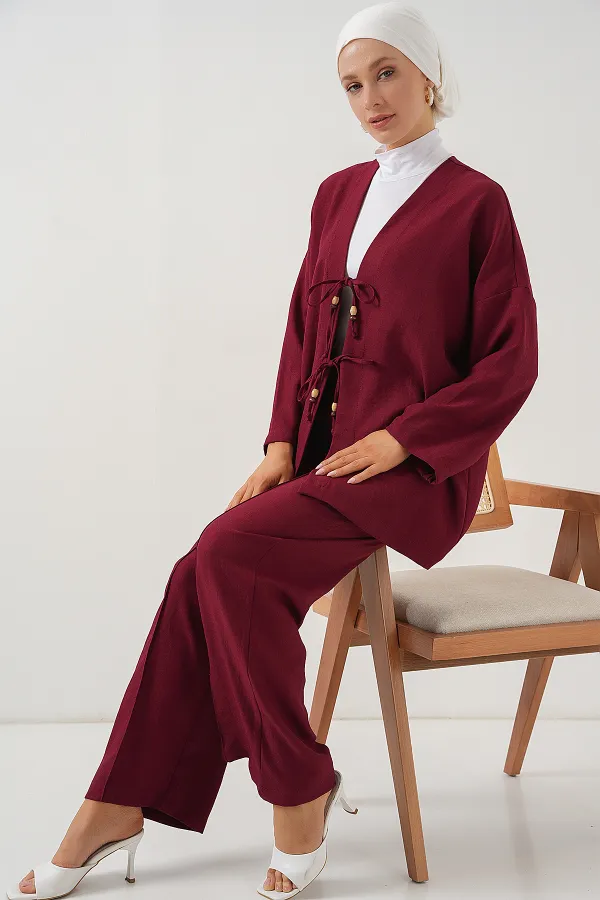 Kadın Keten Kimono İkili Takım 6727 - Bordo