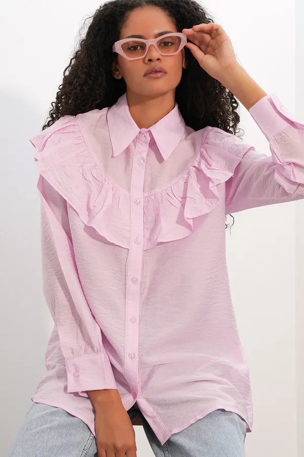 Women's Ruffle Detail Shirt Tunic 5994 - Powder Pink