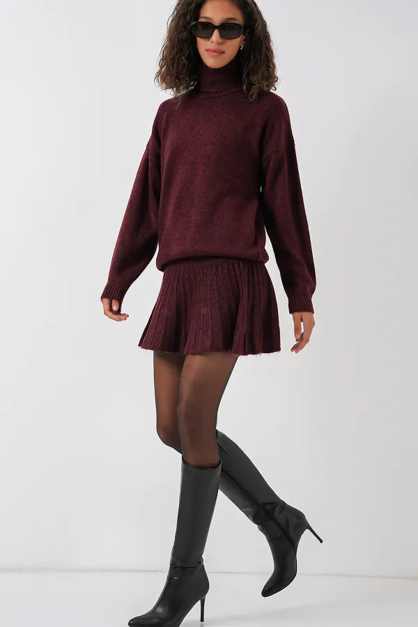 15891 Sweater Skirt Knitwear Two Piece Set - Claret Red
