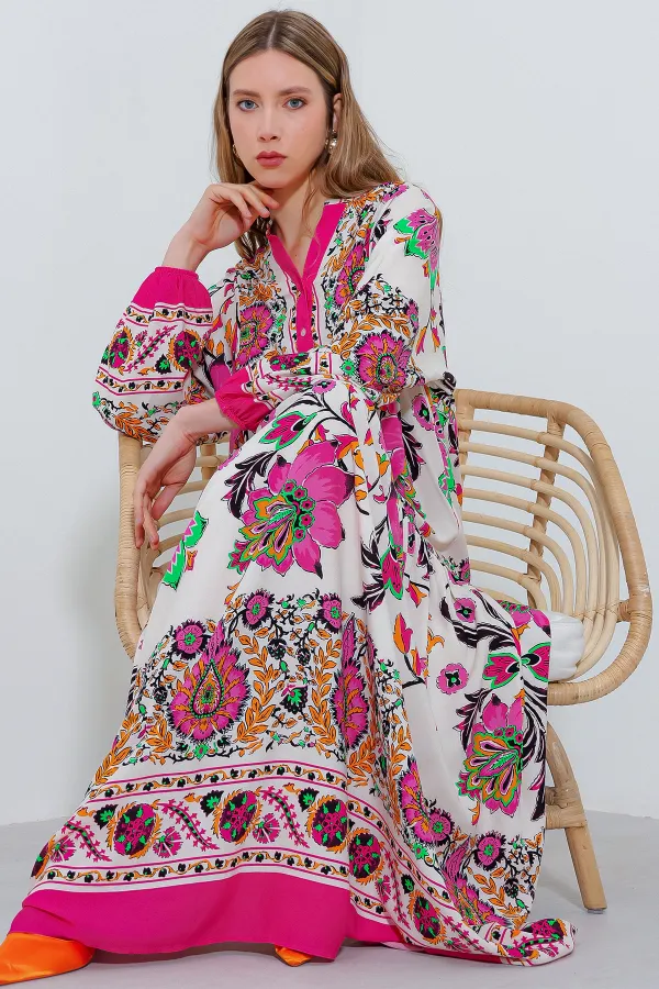 Robe hijab en viscose à motifs crème fuchsia pour femme 2423