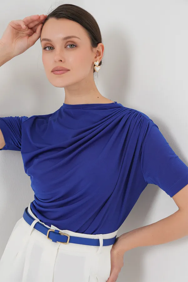 Gathered Detailed Short Sleeve Sandy Blouse 945 - Saks
