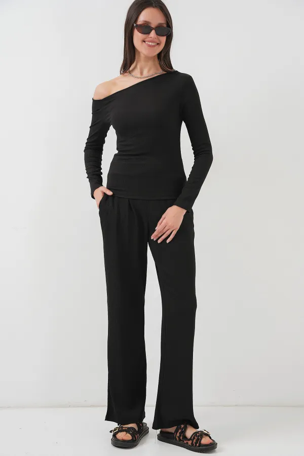6708 Düşük Omuz Alt Üst Takım - Siyah