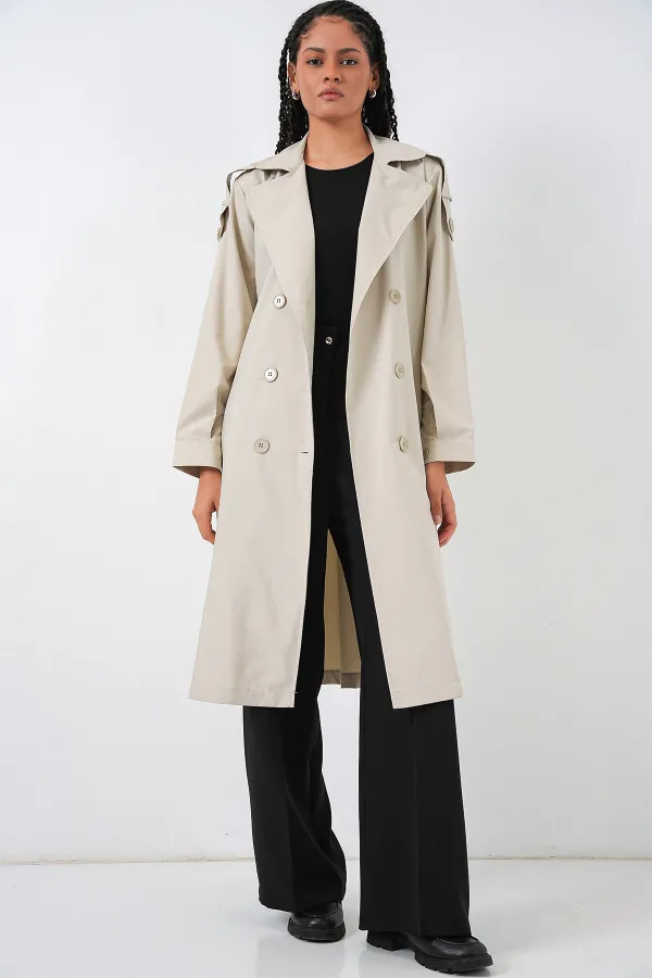 Kadın Kruvaze Yaka Trençkot 5978 - Taş