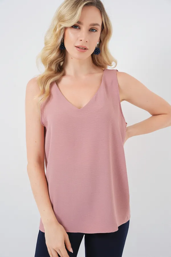 V Yaka Sıfır Kol Bluz 950 - Somon