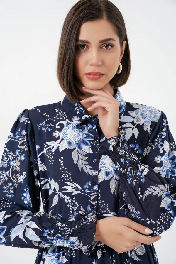 Robe hijab ceinturée pour femme 2589 - Bleu marine