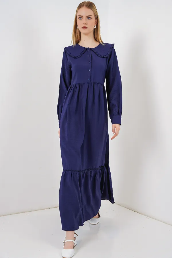 Kadın Bebe Yaka Uzun Tesettür Elbise 2592 - Lacivert