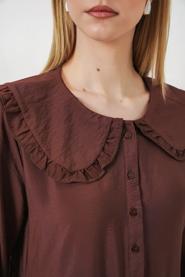 Kadın Bebe Yaka Uzun Tesettür Elbise 2592 - Kahverengi