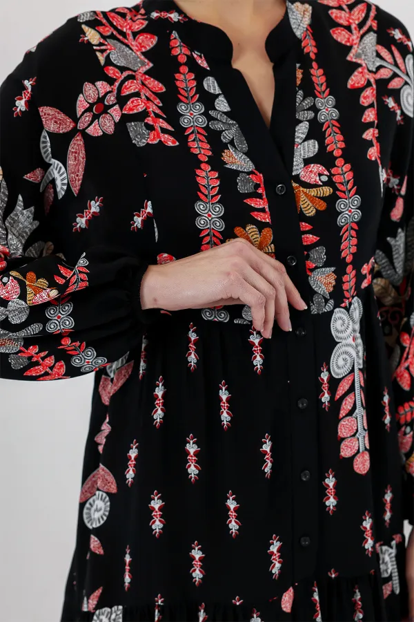 2423 Authentic Patterned Hijab Dress - Black - Terracotta