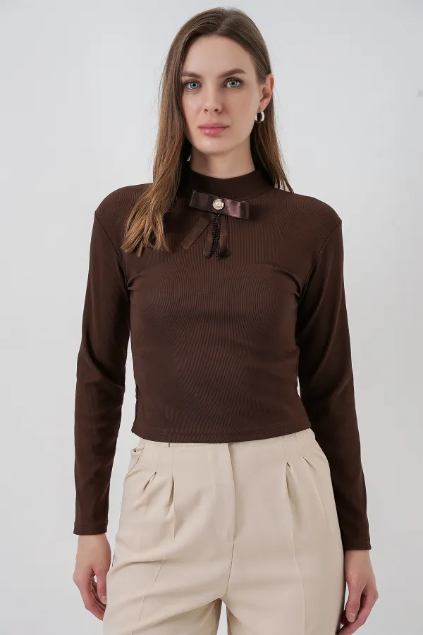 Women's Ribbon Detail Long Sleeve Blouse 977 - Brown