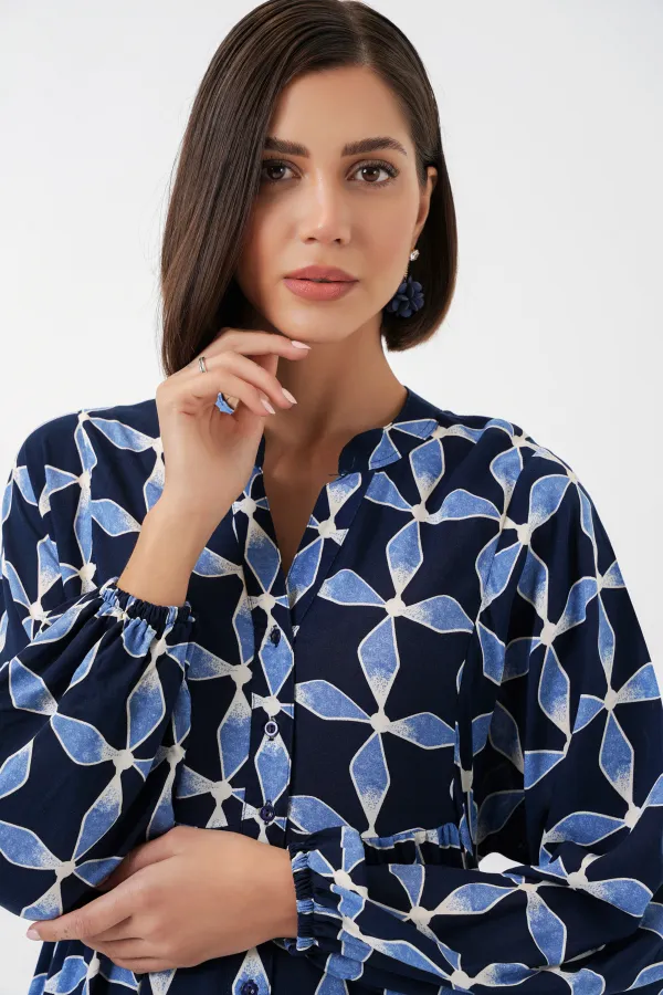 Kadın Desenli Uzun Tesettür Elbise 2585 - M. Lacivert