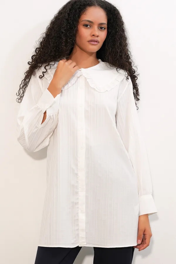 Women's Wide Collar Ruffle Detail Striped Tunic Shirt 5993 - White