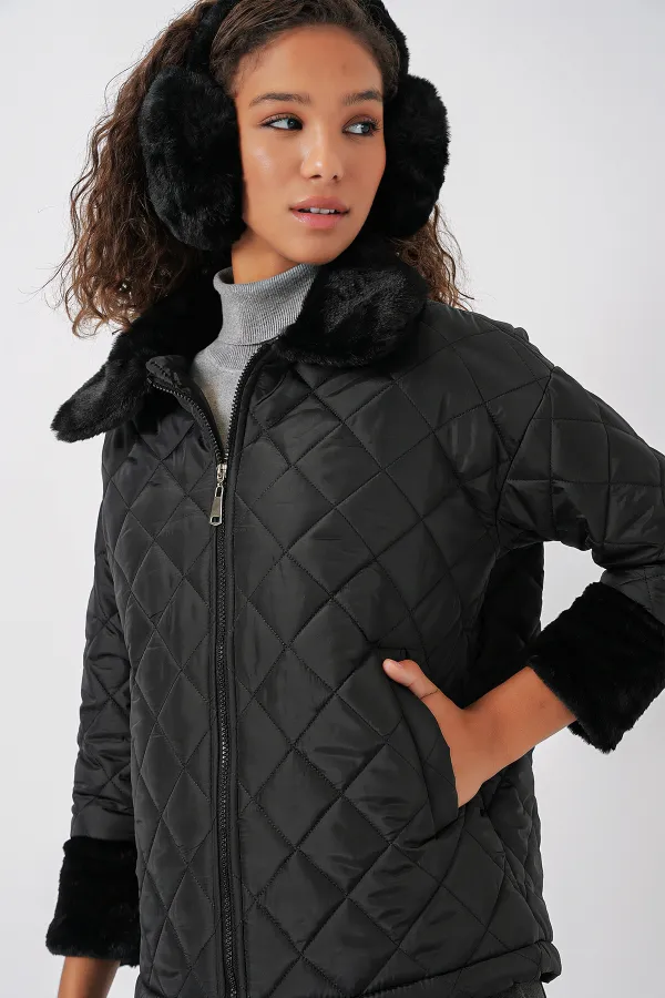 5202 Peluş Detaylı Kapitone Mont - Siyah