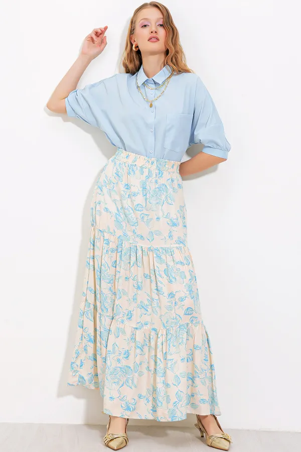 Kadın Krem Mavi Desenli Uzun Viskon Etek 1898