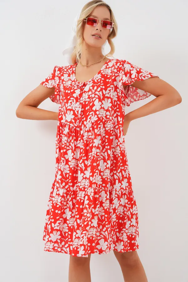 2352 V-Neck Short Dress - Red