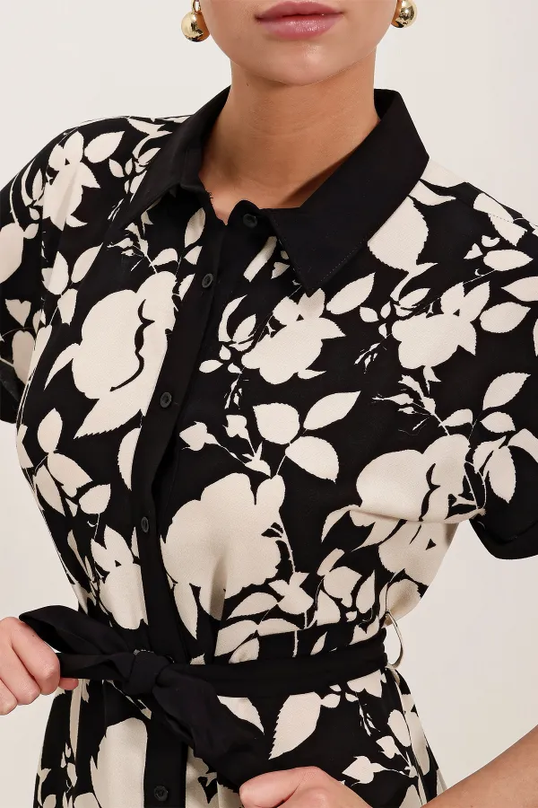 2455 Patterned Shirt Dress - Black