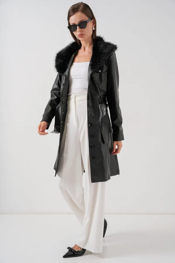 Kadın Yakası Kürklü Deri Kaban 1048 - Siyah